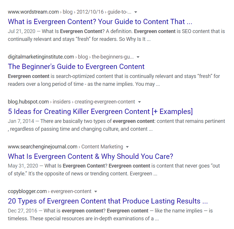 SERP for "evergreen content"
